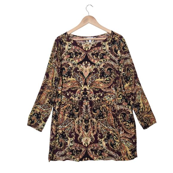 J Jill Blouson Tunic Top Petite L Brown Multicolor Side Slits 3/4 Sleeve Boho - Picture 1 of 12